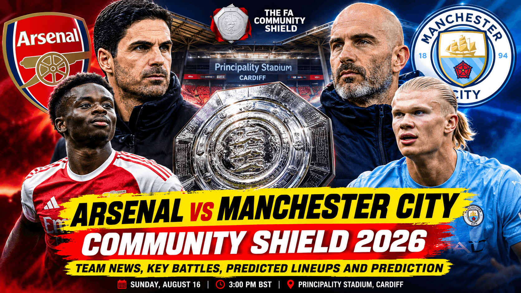 Arsenal vs Manchester City Community Shield 2026: Team News, Key Battles, Predicted Lineups and Prediction
